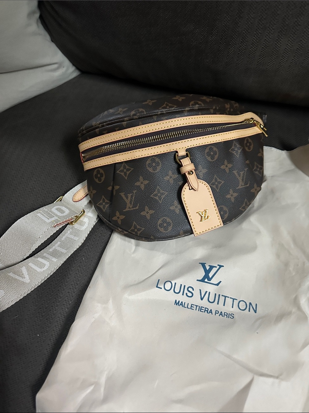 Designer inspired Monogram Canvas Crossbody Belt Bag with Natural Vachetta Trim